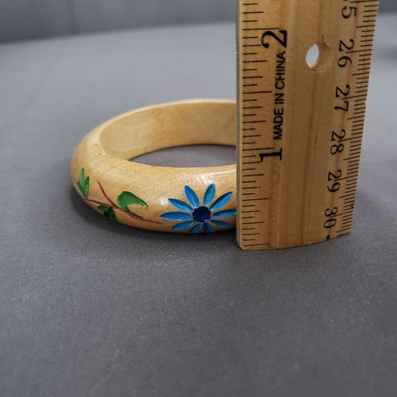Wooden Bracelet Etched Floral Leaf Design Painted Size 7 1/2" Blue Green Brown - Picture 6 of 7